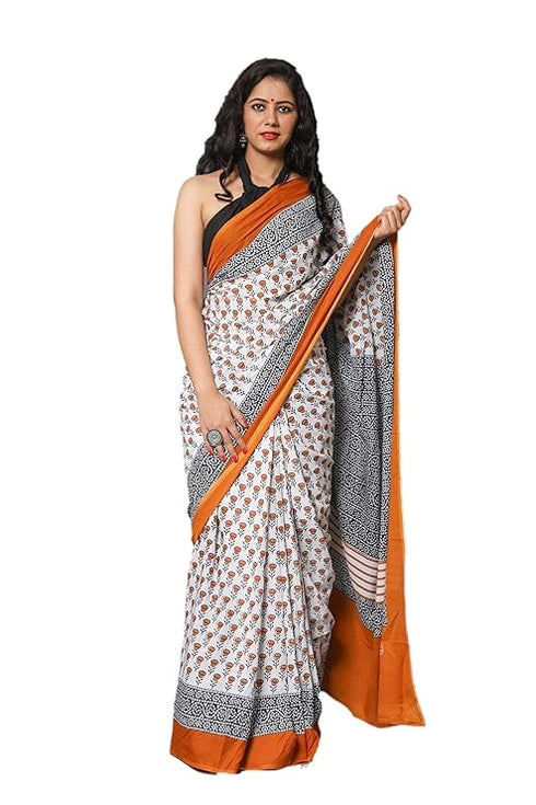 Jalther Handicrafts Women'S Ikat Hand Block Print Jaipuri Cotton Mulmul Saree